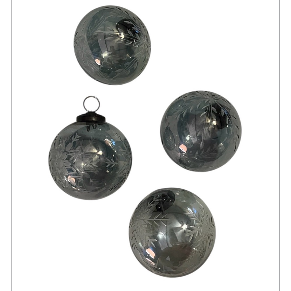 Vintage 4 Piece Kugel Etched Christmas Holiday Glass Translucent Blue Ornaments